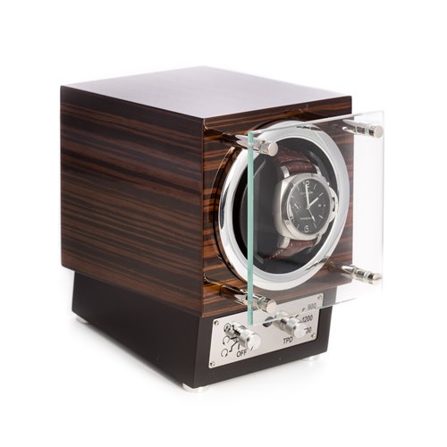 Ebony Burlwood Watch Winder with Glass Door Selectable Winding Mode for Clockwise, Counterclockwise or Dual Direction Rotation