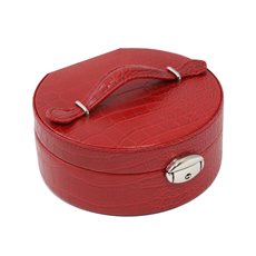 Red Croco Leatherette Round Jewelry Box with Slots for Rings, Mirror, Multi Compartments and Locking Clasp