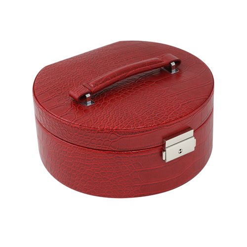 Red Croco Leatherette Round Jewelry Box with Removable Valet, Mirror, Slots for Rings, Multi Compartments and Locking Clasp