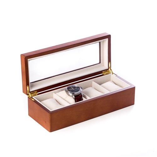 Cherry Wood 4 Watch Box with Glass Top and Velour Lining and Pillows
