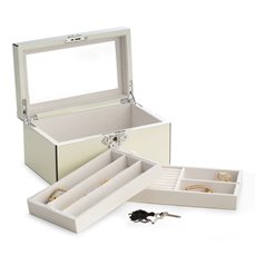 White Lacquered Wood 3 Level Jewelry Box with Slots for Rings, Mirror Under Lid and Locking Clasp