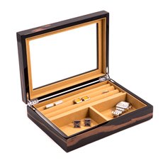 Lacquered Ebony Burl Wood Valet Box with Glass Top, Slots for Cufflinks and Magnetic Closure