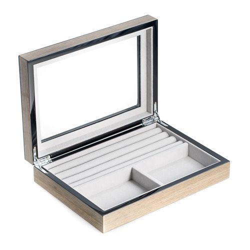 Lacquered Silver Walnut Wood Valet Box with Glass Top, Slots for Cufflinks and Magnetic Closure