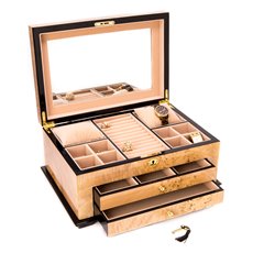 Birdseye Maple Lacquered Wood 3 Level Jewelry Box with Gold Accents and Locking Lid