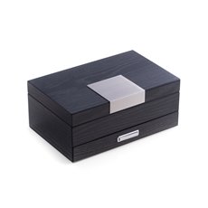 Steel Gray Lacquered 2 Level Jewelry Box with Drawer, Slots for Rings, Hooks Under Lid, Soft Velour Lining and Stainless Steel Accents