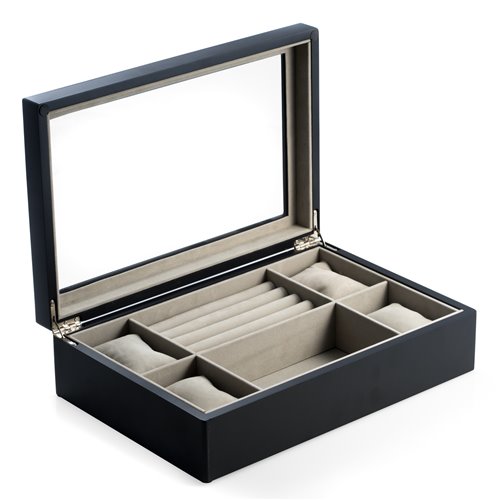 Matte Black Wood Valet and Watch Box with Glass Top and Soft Velour Lining Slots for Rings and Cufflinks and 4 Watch Pillows