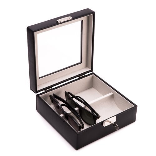 Black Leather Multi Eyeglass Case with Glass Top and Locking Clasp with Soft Velour Lining