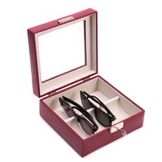 Red Leather Multi Eyeglass Case with Glass Top and Locking Clasp with Soft Velour Lining