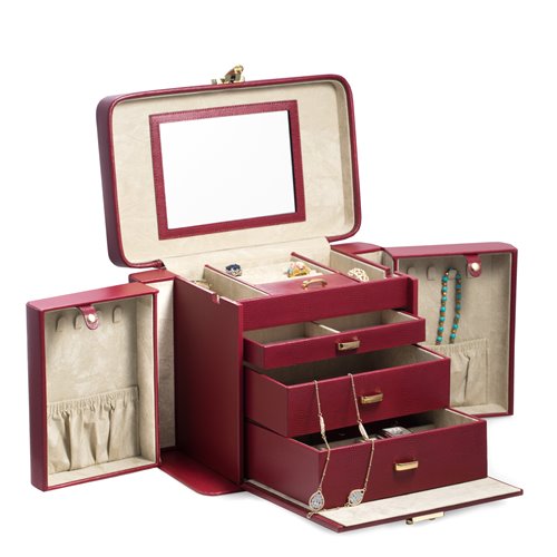Red Lizard Leather 4 Level Jewelry Box with Travel Pouch