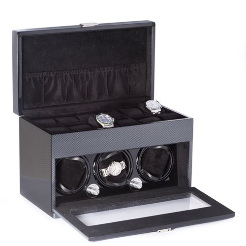 Lacquered Carbon Fiber Steel Gray 3 Watch Winder with Multiple Pre-programed Settings and Storage for 12 Watches