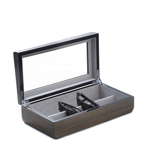 Lacquered Silver Walnut Wood Multi Eyeglass Case with Glass Top and Velour Lined