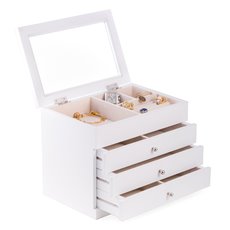 White Wood Jewelry Case with 3 Drawers and Glass See-thru Top