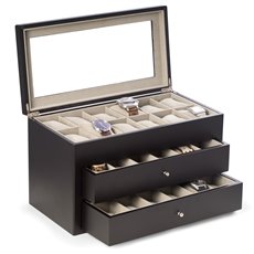 Matte Black Wood 36 Watch Box with Glass Top and 2 Drawers, Velour Lining and Pillows