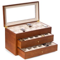 Cherry Wood 36 Watch Box with Glass Top and 2 Drawers, Velour Lining and Pillows