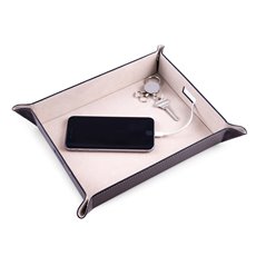 Brown Leather Valet and Charging Station with Pig Skin Leather Lining Continent Side Openings for Easy Charging Cord Pass-thru
