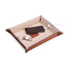 Saddle Brown Leather Valet and Charging Station with Pig Skin Leather Lining Continent Side Openings for Easy Charging Cord Pass-thru