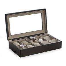 Matte Black Wood Six Watch and Four Pocket Watch Storage Box with Glass Top and Soft Velour Lining