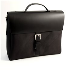 Black Leather and Ballistic Nylon Briefcase with Multi Compartments and Shoulder Strap