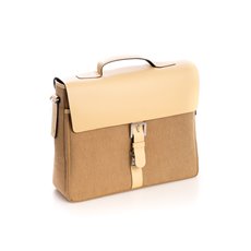 Ivory Leather and Khaki Fabric Briefcase with Multi Compartments and Shoulder Strap