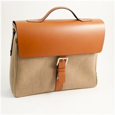Saddle Leather and Khaki Fabric Briefcase with Multi Compartments and Shoulder Strap