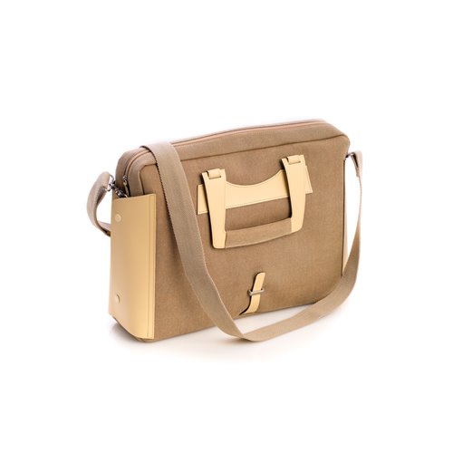 Ivory Leather and Khaki Fabric Briefcase with Padded Computer Compartment and Shoulder Strap