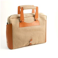 Saddle Leather and Khaki Fabric Briefcase with Padded Computer Compartment and Shoulder Strap