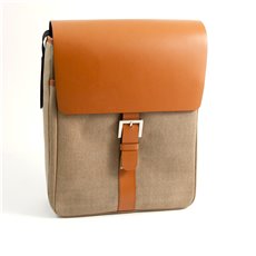 Saddle Leather and Khaki Fabric Messenger Bag with Shoulder Strap