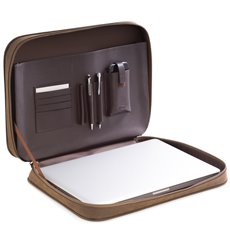 Brown Ultra Suede and Leather Computer Carrying Case with Accessory Compartments and Zipper Closure