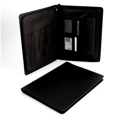 Black Leather Portfolio with Multi Compartments and Zipper Closure