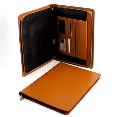 Saddle Leather Portfolio with Multi Compartments and Zipper Closure