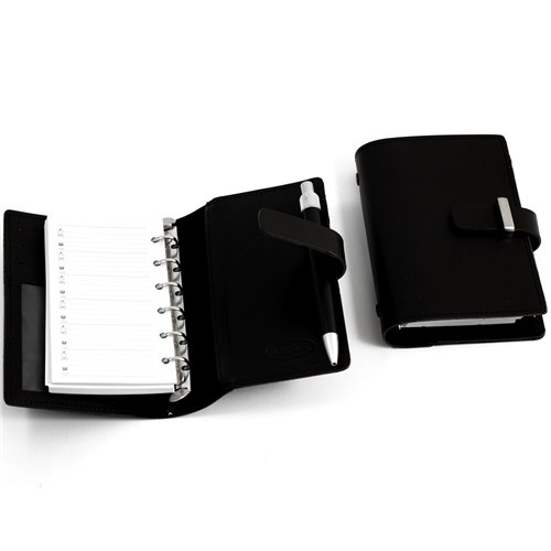 Black Leather Agenda Book with Ball Point Pen, Six Ring Binder, Slots for Cards and ID Window
