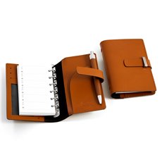 Saddle Leather Agenda Book with Ball Point Pen, Six Ring Binder, Slots for Cards and ID Window