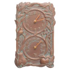 Fruit Bird Indoor Outdoor Wall Clock & Thermometer, Copper Verdigris