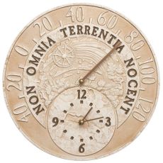 Celestial 14" Indoor Outdoor Wall Clock & Thermometer, Weathered Limestone