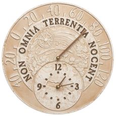 Celestial 14" Indoor Outdoor Wall Clock & Thermometer, Weathered Limestone