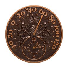 Pineapple 14" Indoor Outdoor Wall Clock & Thermometer, Antique Copper