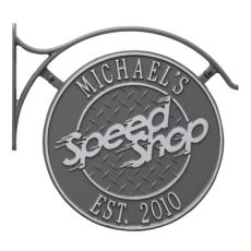 Hanging Speed Shop Plaque With Bracket, Pewter Silver, Pewter/Silver