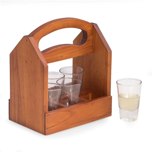 Solid Wood Six Shot Glass Caddy with Ergonomic Curved Built in Handle