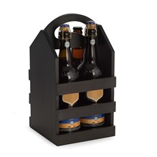 Black Solid Wood Four Bottle Caddy with Ergonomic Curved Built in Handle Accomodates most Pint Sized Craft Beer Bottles
