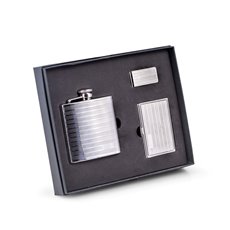 Three Piece Gift Set with Stainless Steel 6 oz Flask, Business Card Case and Money Clip