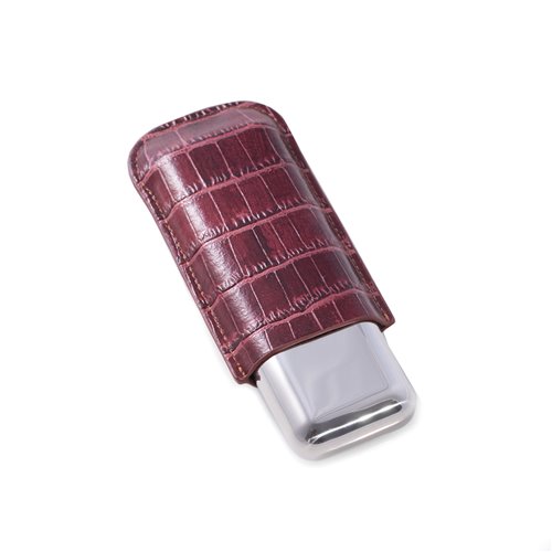 Croco Brown Leather and Stainless Steel Two 52 ga Cigar Holder