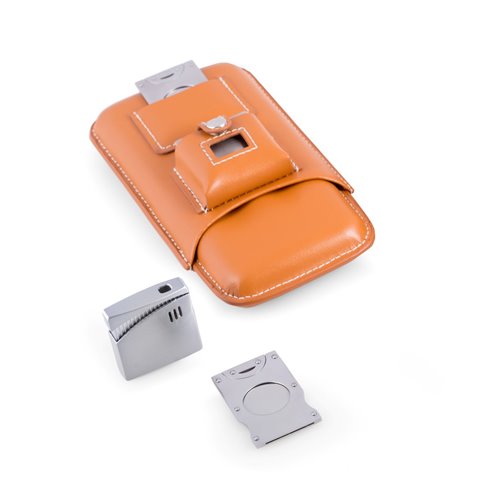 Tan Leather Three Cigar Holder with Stainless Steel Cutter and Lighter