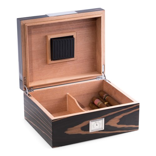 Lacquered Ebony Wood 60 Cigar Humidor with Spanish Cedar Lining and Stainless Steel Accents