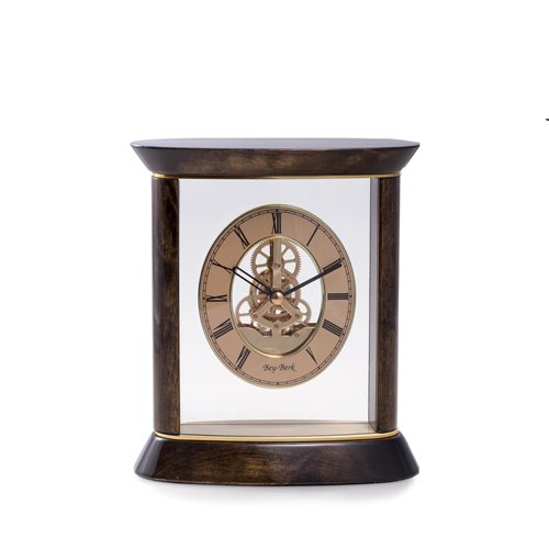 Miami Lacquered Walnut Wood and Gold Accents Quartz Clock with Skelton Movement