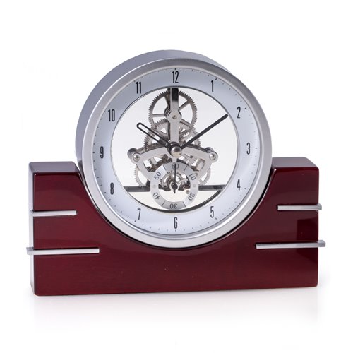 Rio de Janeiro Lacquered Mahogany Wood Skelton Movement Quartz Clock with Stainless Steel Accents