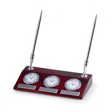 Tokyo Lacquered Rosewood 3 Time Zone Desk Clock with Chrome Accents and 2 Pens