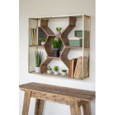 Wooden Honey Comb Shelf with Ant Brass Finish Metal Mesh Frame