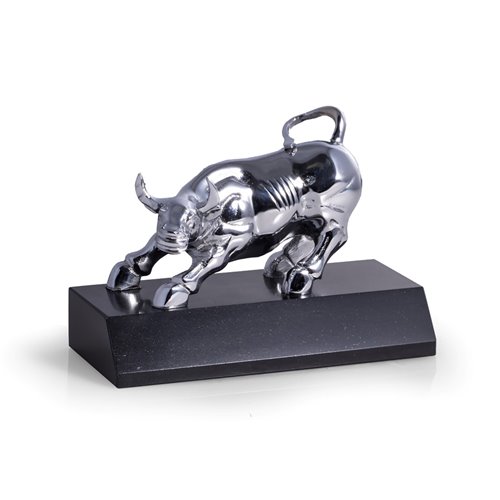 Chrome Plated Bull Sculpture on Black Marble Base