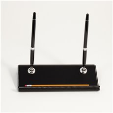 Black Leather Double Pen Stand with Chrome Accents