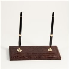 Brown Croco Leather Double Pen Stand with Gold Plated Accents